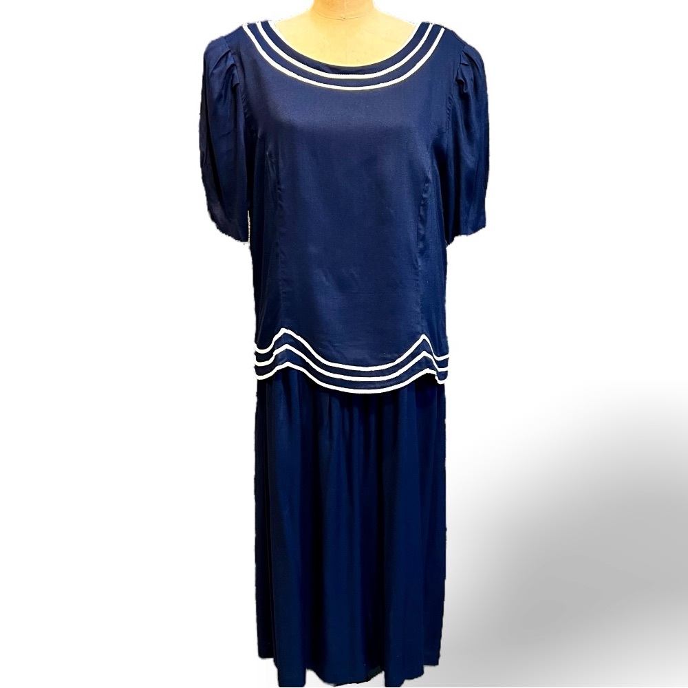 VINTAGE 80s navy sailor nautical dress midi maxi short puff sleeve boat neck 70s